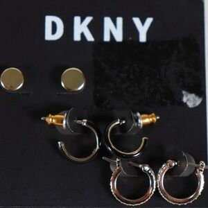 NWT DKNY SET OF 3 HOOP AND STUD EARRINGS GOLD TONE WITH BLACK & CLEAR CRYSTALS